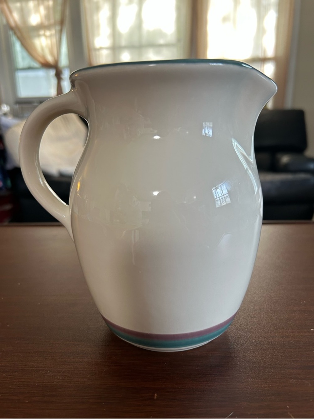 White Ceramic Pitcher with Teal and Mauve Accent